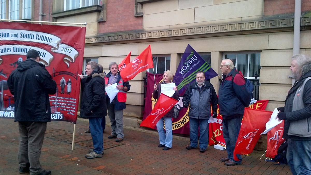 LATUC demonstration, 17.12.15, Lancashire County Council, Pitt Street entrance, County Hall, Preston
